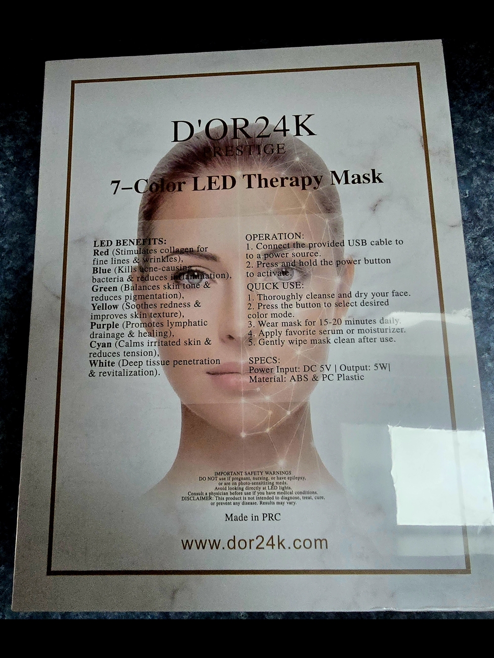 D'OR24K Prestige White 7-Color LED Therapy Mask - Women Skincare Mask - Picture 3 of 4